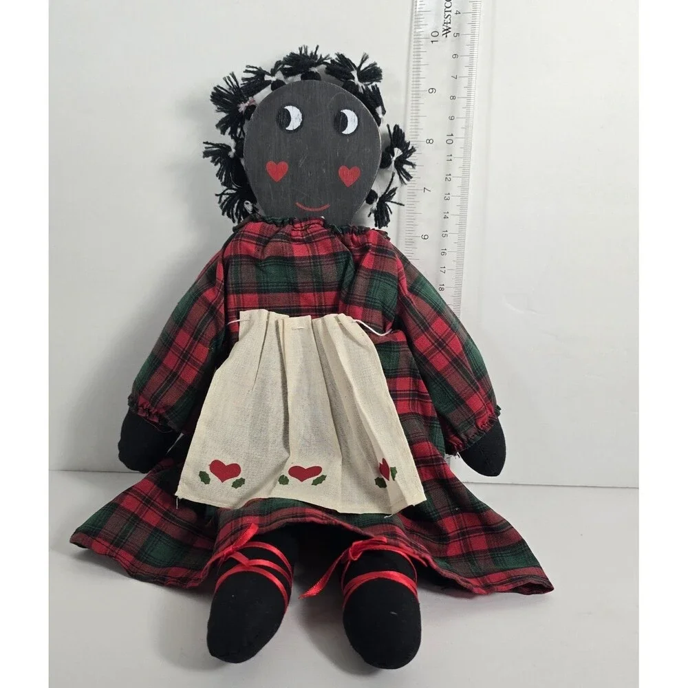 Vintage 1980's African American Wooden Sitting Folk Art Doll Plaid Dress 10